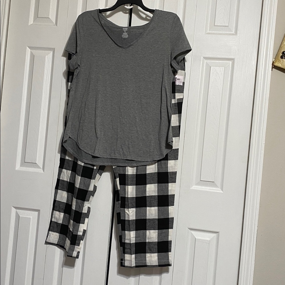 Plaid flannel & gray cotton casual lounge pajama sleep pants & shirt top size 2X - Picture 1 of 11